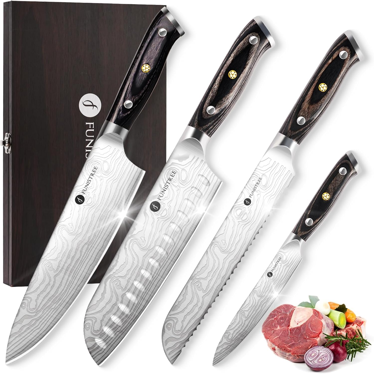 Photo 1 of 4 Pieces Professional Kitchen Knife Set, Damascus German Stainless Steel Chef Knife Set With Wooden Box, 8" Chef Knife, 5" Utility Knife, 8" Bread Knife, 7" Santoku Knife, Gift for Men Women Christmas