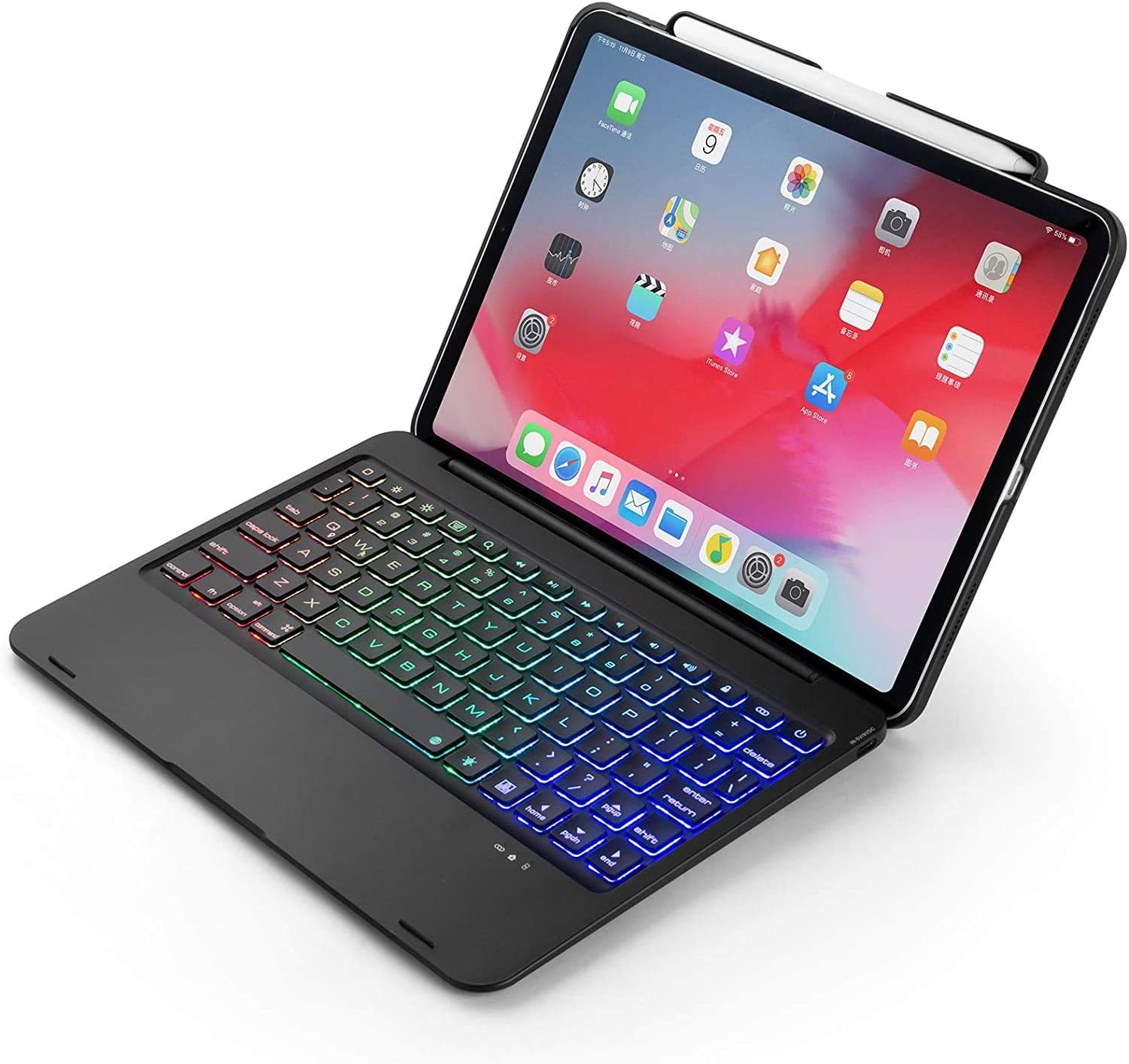 2020 4th Gen iPad 12.9 Keyboard Case,Jennyfly ABS Material 7 Color Changeable Backlit Bluetooth Keyboard Auto Sleep-Wake Wireless Smart Keyboard with Protection Case for 2020 4th Gen iPad 12.9 -Black