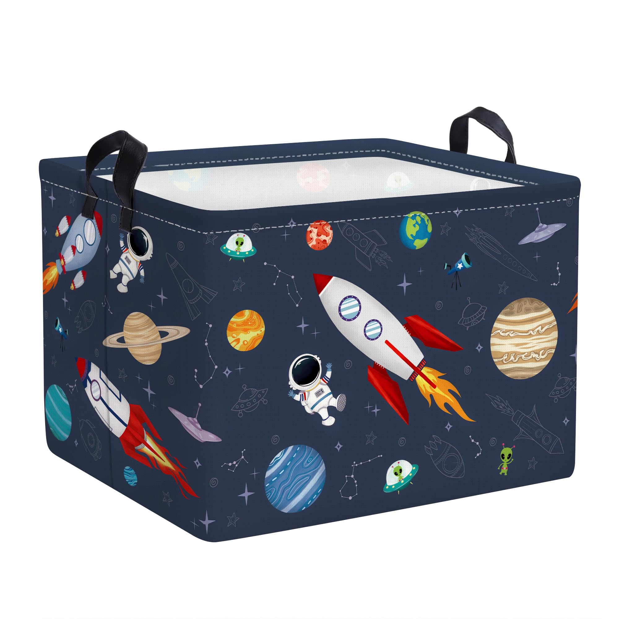 Clastyle Blue Space Rocket Toy Boxes for Boys Cosmic Star Kids Toy Storage with Handle Clothes Books Cube Storage Basket with Lids, 36L