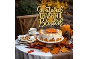 Verherer 1Pcs Thankful Grateful Blessed Cake Topper - Thanksgiving Cake Decor - Give Thanks, Happy Friends Giving, Thanksgiving Party Decorations, Gold and Orange Glitter