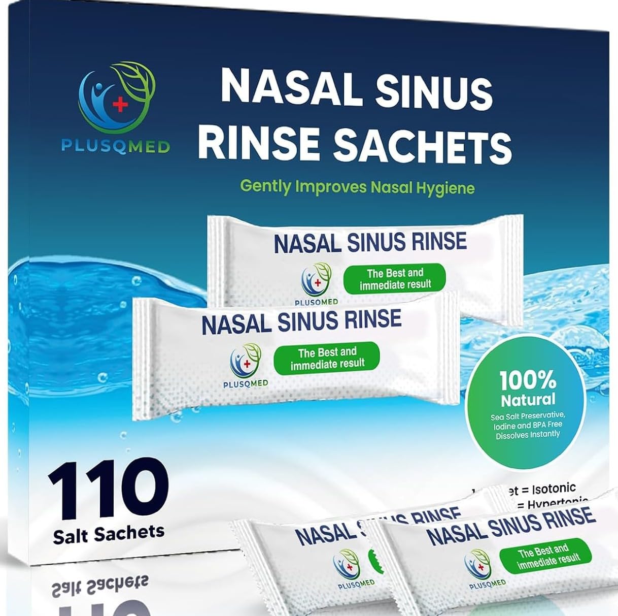 Sinus Rinse Sachets-110 Pre-Measured Packets for Neti Pot and Squeeze Bottle-100% Natural Sea Salt Istonic Formula,Drug-Free Nasal Irrigation,Sinus Congestion Relief-PLUSQMED