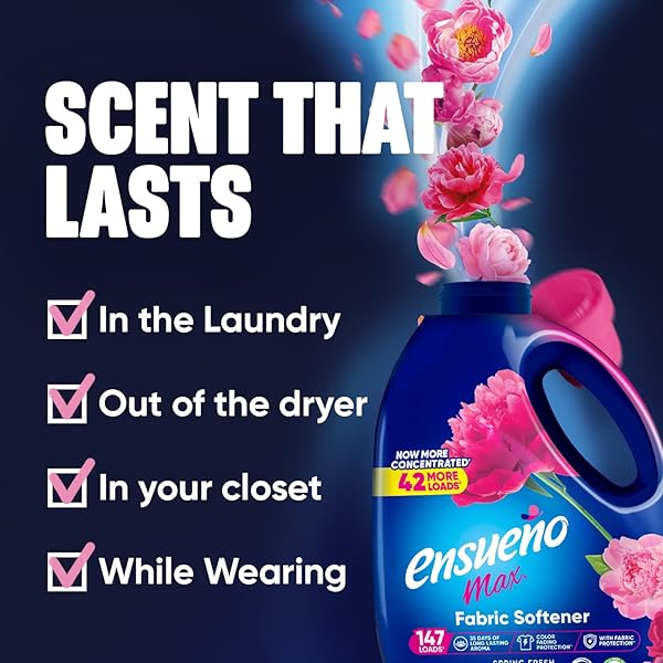 ENSUEÑO MAX LIQUID FABRIC SOFTENER – SPRING FRESH SCENT – 125 FL OZ – COLOR-SAFE FABRIC SOFTENER LIQUID – SOFTENS 147 LOADS – REDUCES WRINKLES & STATIC