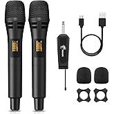 TONOR Wireless Microphones, Dual UHF Karaoke Microphone System, Microfonos Inalambricos with Rechargeable Receiver, Cordless Dynamic Mics Set for Singing, Party, 60 m/200ft TW320, 2 Mics Black
