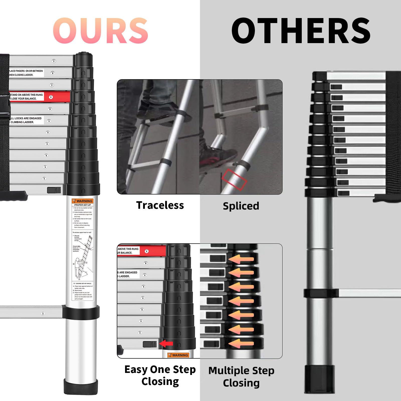 Yvan Telescoping Ladder,12.5 FT One Button Retraction Aluminum Telescopic Extension Extendable Ladder,Slow Down Design Multi-Purpose Ladder for Household Daily or Hobbies,250 Lb Capacity