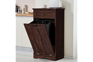 OUTGUAVA 13 Gallons Tilt Out Trash Cabinet Freestanding Kitchen Trash Bin Cabinet Wood Garbage Recycling Cabinet with Hideaway Drawer Pet Proof Trash Can Holder for Kitchen Living Room, Brown