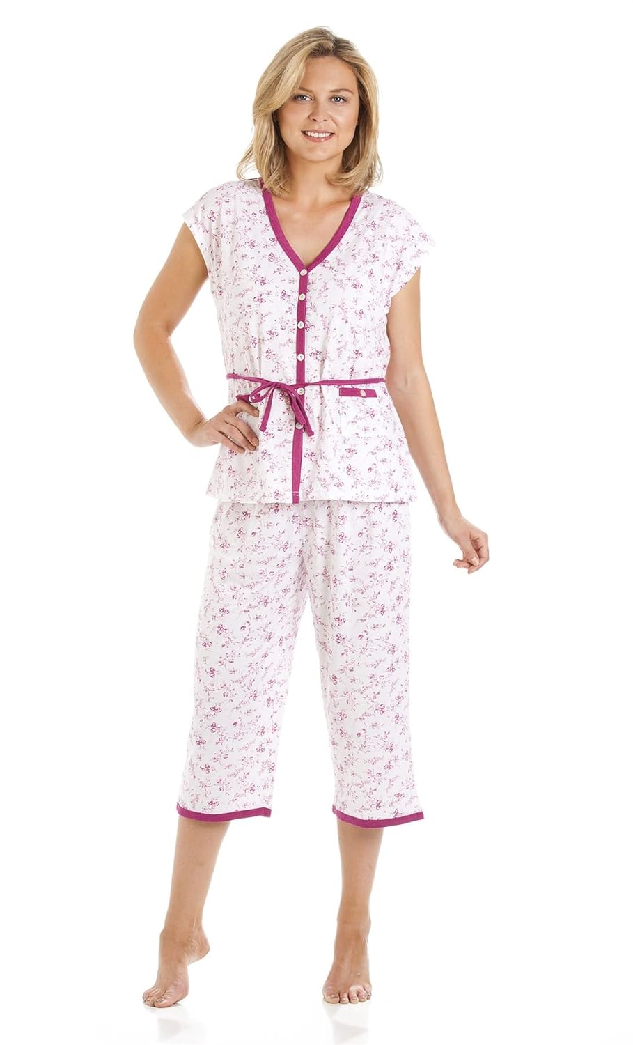 Ladies Cotton Blend Floral Cropped Leg Pyjamas (Navy)(XL/XXL) Amazon