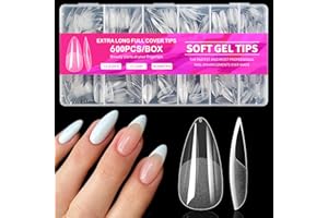 AddFavor 600pcs Almond Nail Tips Medium Fake Nails - Soft Gel Nail Tips Almond Shape Clear Acrylic Nails Tips for Nail Extensions, 12 Sizes Gel Nails Press ons Manicure Salon Home DIY