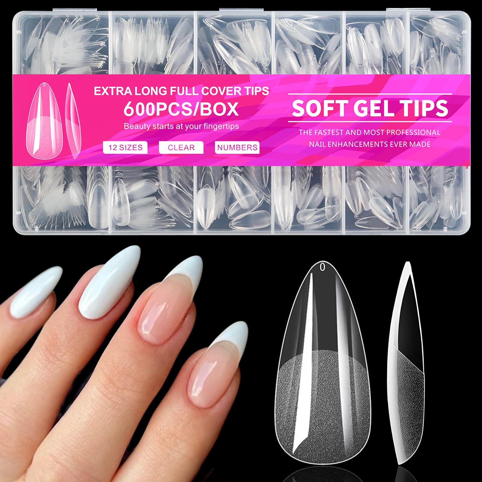 AddFavor 600pcs Almond Tips, Medium X Gel Clear Fake Nails Full Cover Acrylic for Extension Manicure Salon Home DIY