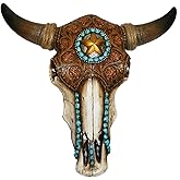 De Leon Collections Distressed Tooled Leather Cow Bull Skull with Gold Star & Turquoise Accent Southwestern Country Hanging Wall Décor