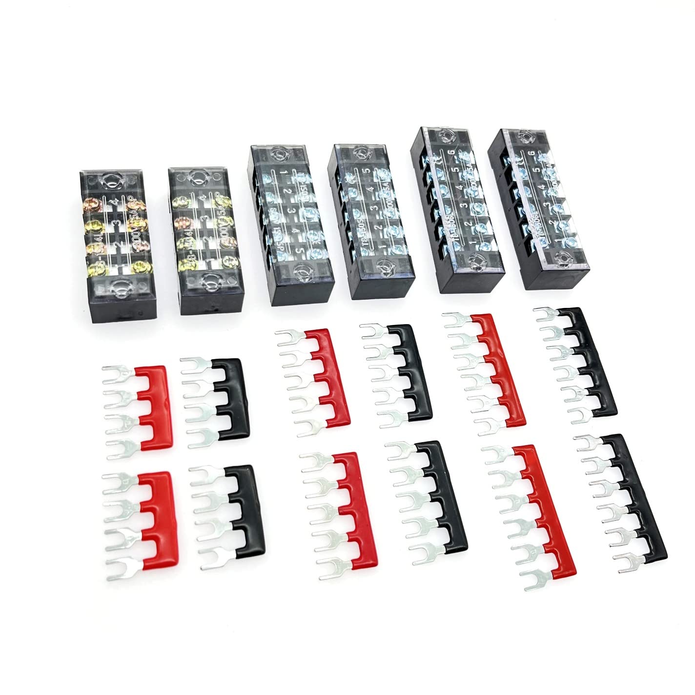 JZK 6pcs 600V/400V 15A Dual Row Screw Barrier Terminal Block - 6/5/4 Positions, Insulated, Red/Black