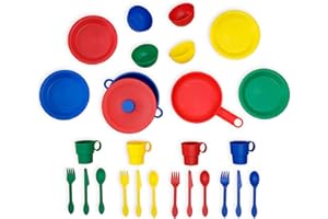 KidKraft 27-Piece Primary Colored Cookware Set, Plastic Dishes and Utensils for Play Kitchens, Gift for Ages 18 mo+