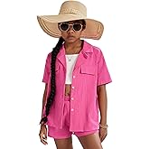 WDIRARA Girl's 3 Pieces Outfit Short Sleeve Button Front Shirt with Camisole and Shorts Set
