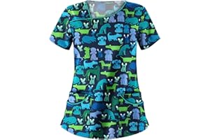 UOFOCO Cartoon Cute Printed Nursing Scrubs Shirts for Women 2024 New Fun Color Medical Plus Size Scrub Tops with Designs