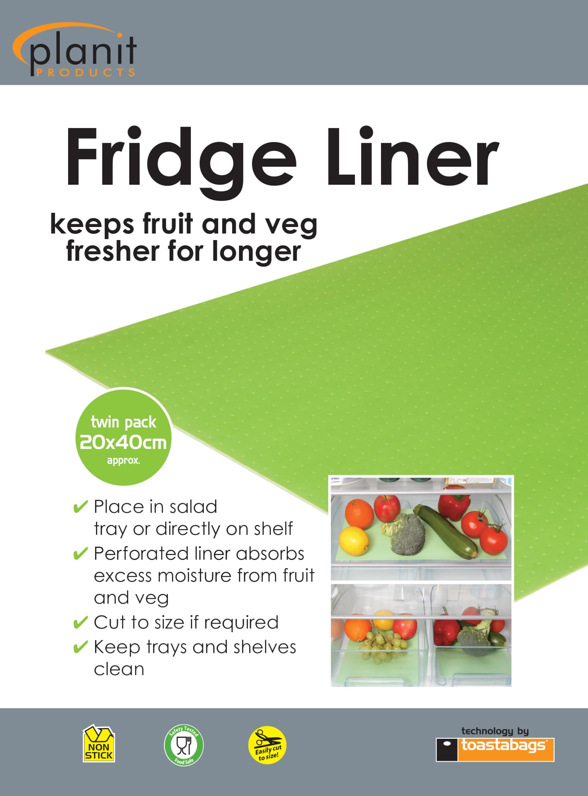 Toastabags Fridge Liner - 2 Pack. Keep Fridge shelves and drawers clean, absorbant pads keeps fruit, vergetable and salad fresher for longer.