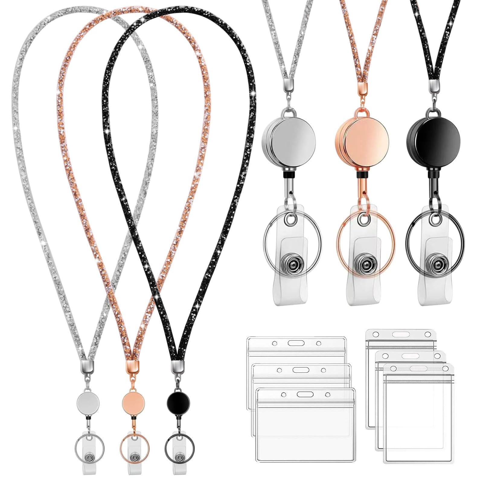 Photo 1 of 3 Pack Set Retractable ID Badge Holder with Bling Neck Strap Neck Lanyard for Teacher Office Worker