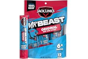 JACK LINK'S Jack Link’s x MrBeast Original Mini Beef Sticks – 6g Protein per 2 Individually Wrapped Meat Snacks, Made with 100% Real Beef, Pantry-Ready, Kids Snacks, Great Stocking Stuffers, 12 Count 0.5oz Sticks