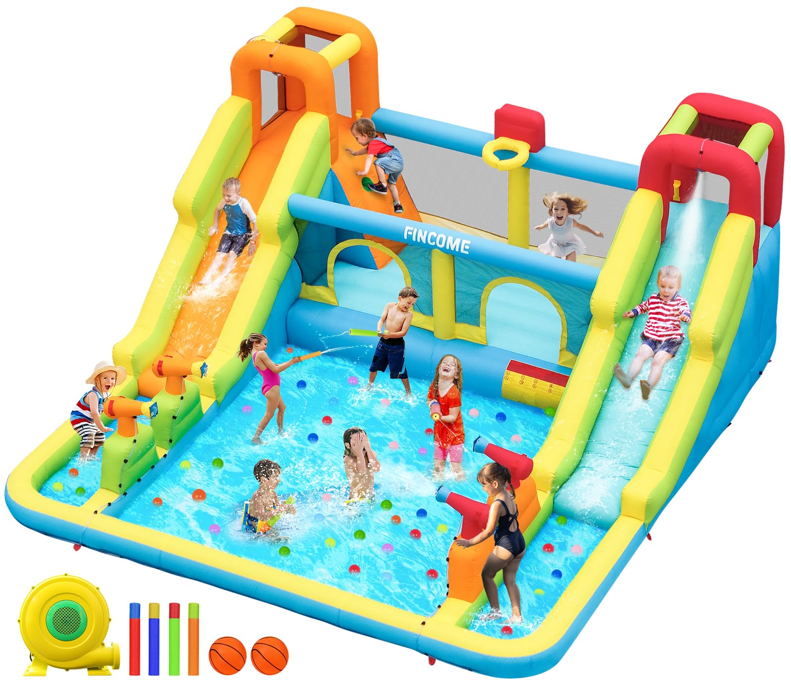 Photo 1 of FINCOME Inflatable Bounce House for Kids, Water Bounce House with Double Slides Outdoor Indoor, Jumping Bouncy Castle with Air Blower for Park Backyard Party Birthday (with 750W Blower)