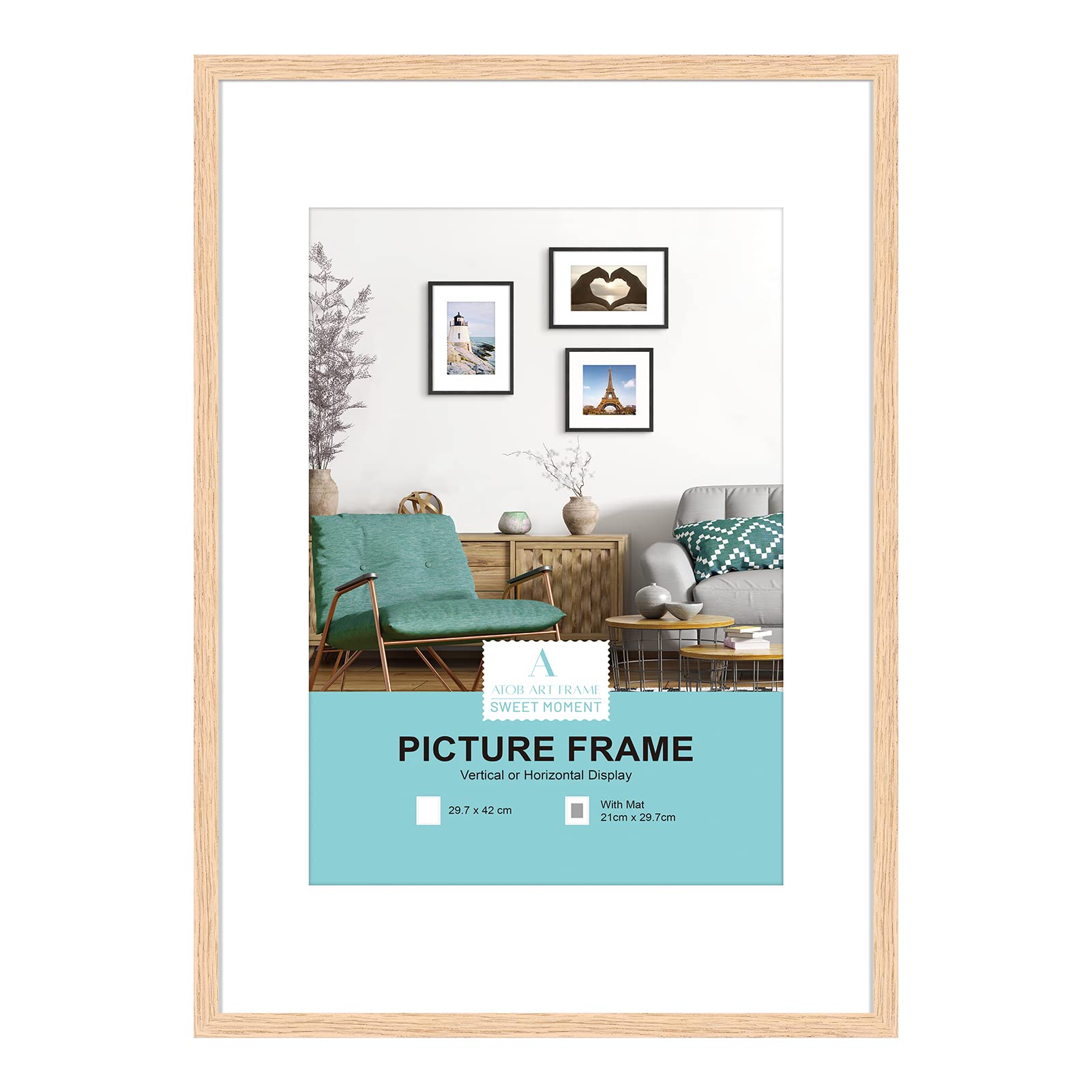A3 Certificate Picture Frame,OAK Wood Photo Frame with mount for A4 print,Poster Frame with plexiglass for Wall Mount Display,29.7x42 cm,Set of 1