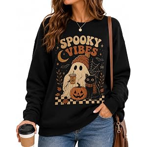 Halloween Sweatshirts for Women Ghost Pumpkin Graphic Crewneck Pullover Cute Cat Fall Casual Long Sleeve Holiday Tops
