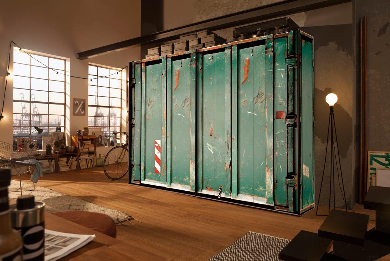 Lifestyle4living Schwebeturenschrank Kleiderschrank Schrank Schlafzimmerschrank Schweber Schwebeturen Schrankprogramm Container Look Petrol Amazon De Kuche Haushalt