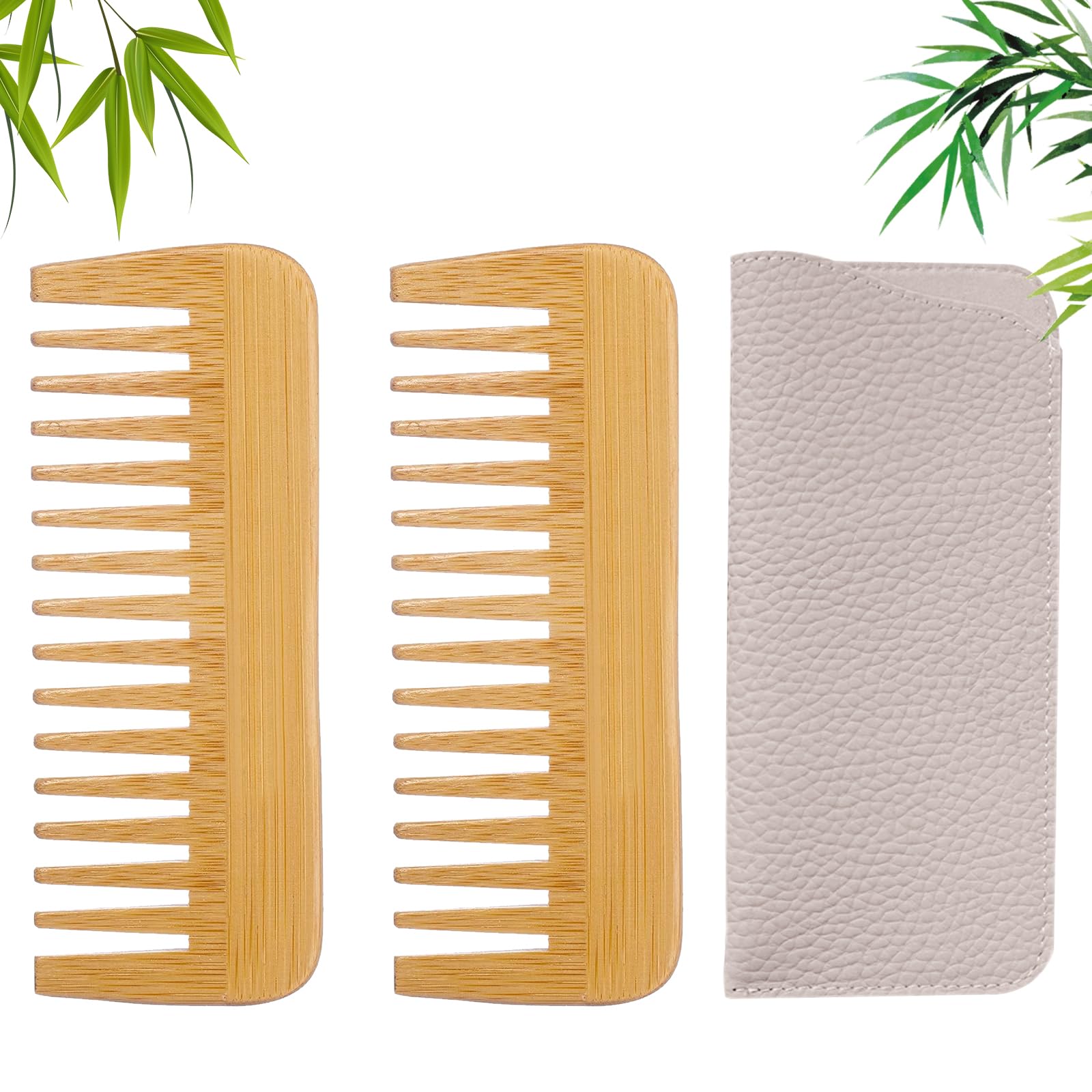 Portable Bamboo Comb, Detangling Wooden Bamboo Wide Tooth Comb for Curls Travel Pocket Comb Small Natural Wooden Comb for Hair Women 2 pcs with 1 piece Faux Leather Sleeve (5.3 * 2.0in)