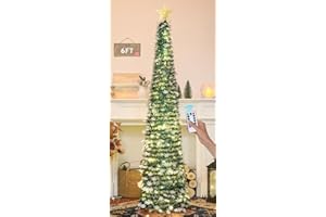 HMASYO 6 FT Pop Up Tinsel Christmas Tree with 100 LED Timer Lights & Remote, Collapsible Artificial Pencil Tree with Snowflak
