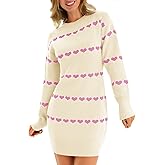 Wenrine Womens Long Sleeve Sweater Dress Fall Knit Heart Crewneck Cute Valentines Bodycon Mini Dresses