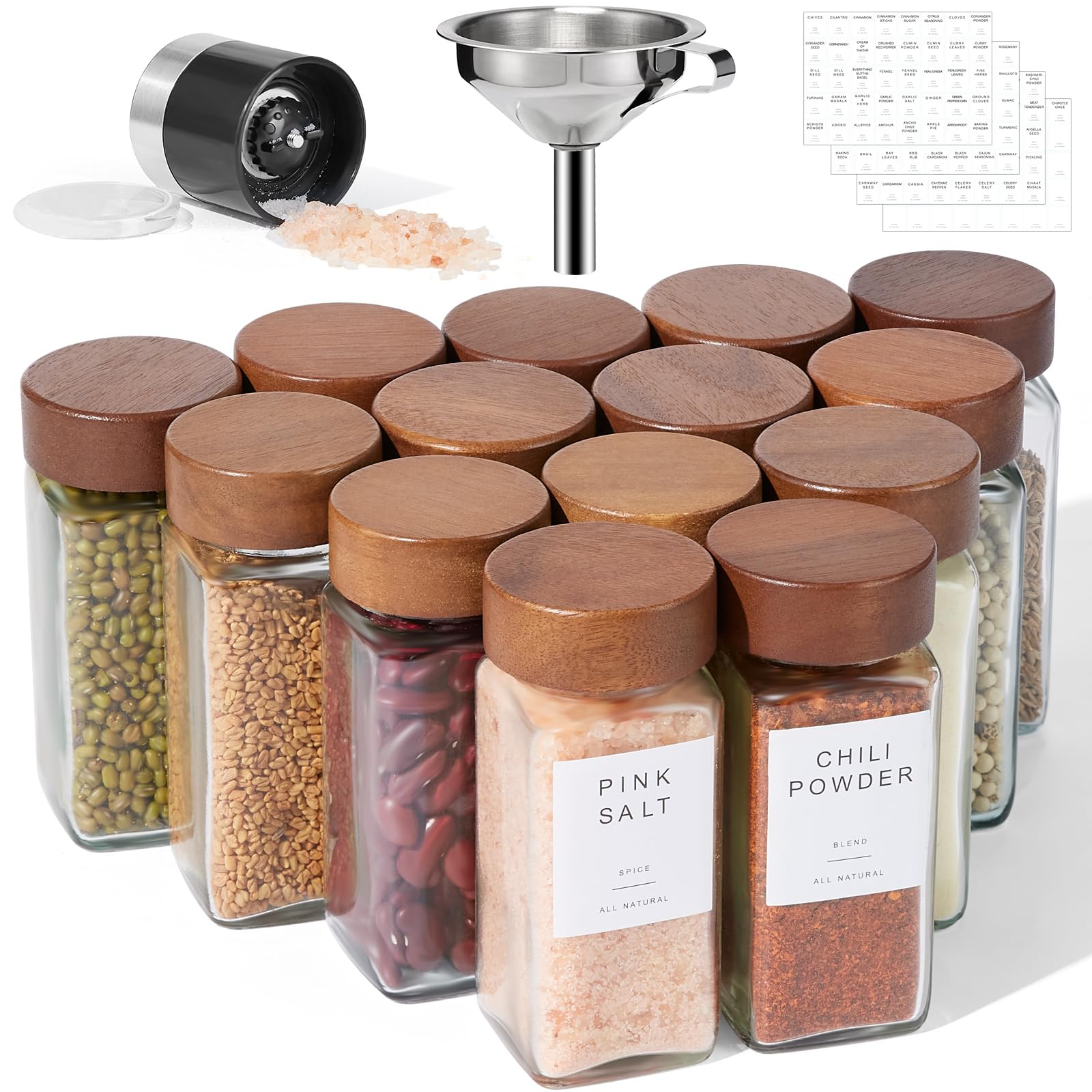 Yangbaga 14PCS Glass Spice Jars set-Glass Jars With Wooden Lid with Shaker Lids- Spices & Seasoning -Kitchen Storage & Organisation of Condiment bottle With Lid And Labels Stickers...