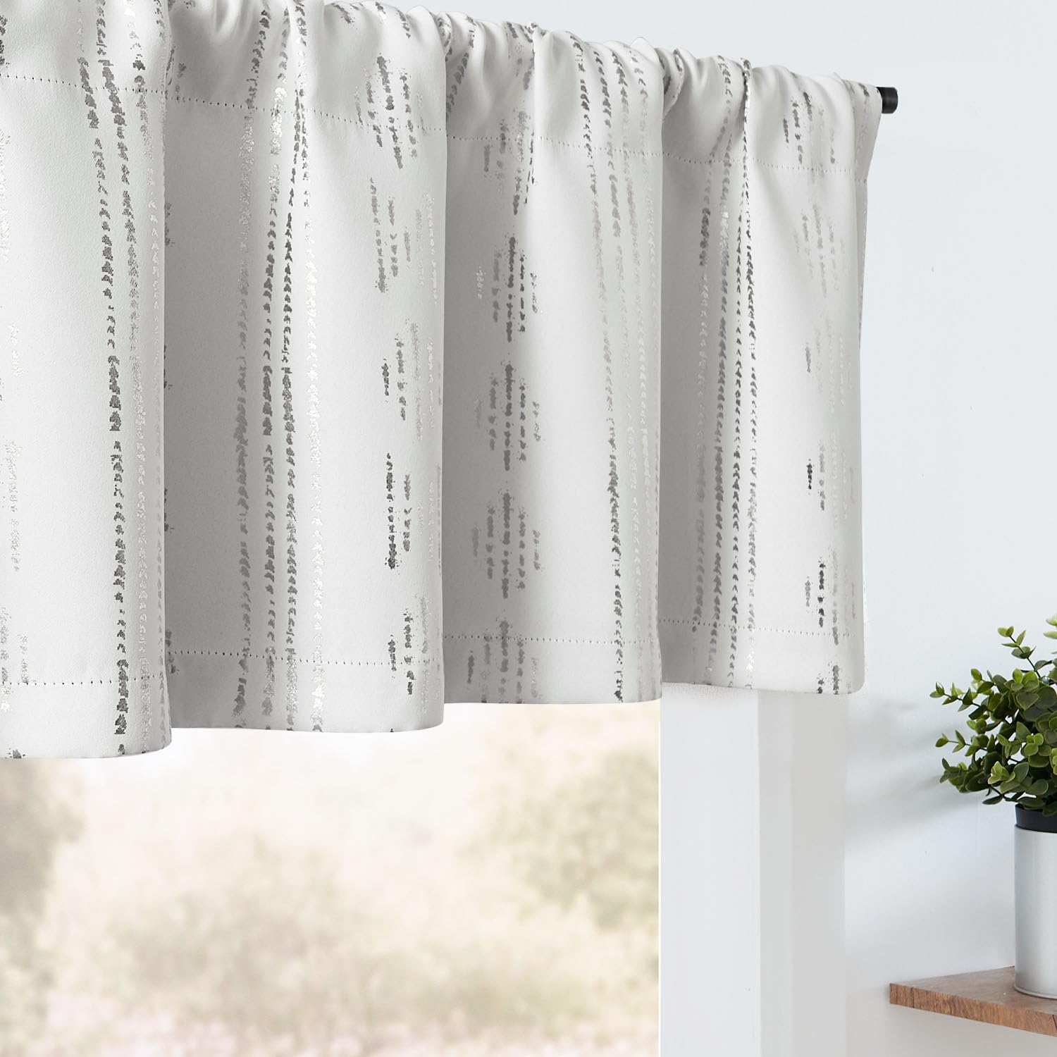 Photo 1 of jinchan Boho Valance Blackout Silver Geometric Foil Printed Valance for Kitchen Living Room Modern Farmhouse Room Darkening Bedroom Window Treatment Rod Pocket 1 Panel 16 Inch White