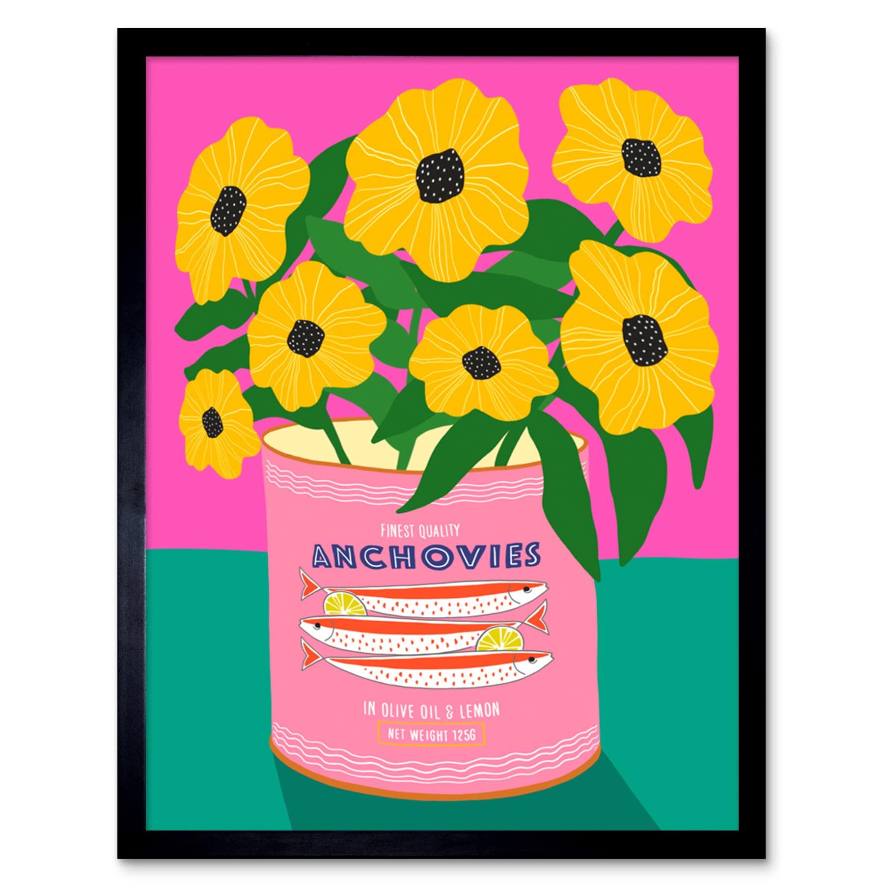 Wee Blue Coo Anchovies and Flowers Bright Floral Art Print Framed Poster Wall Decor 12x16 inch