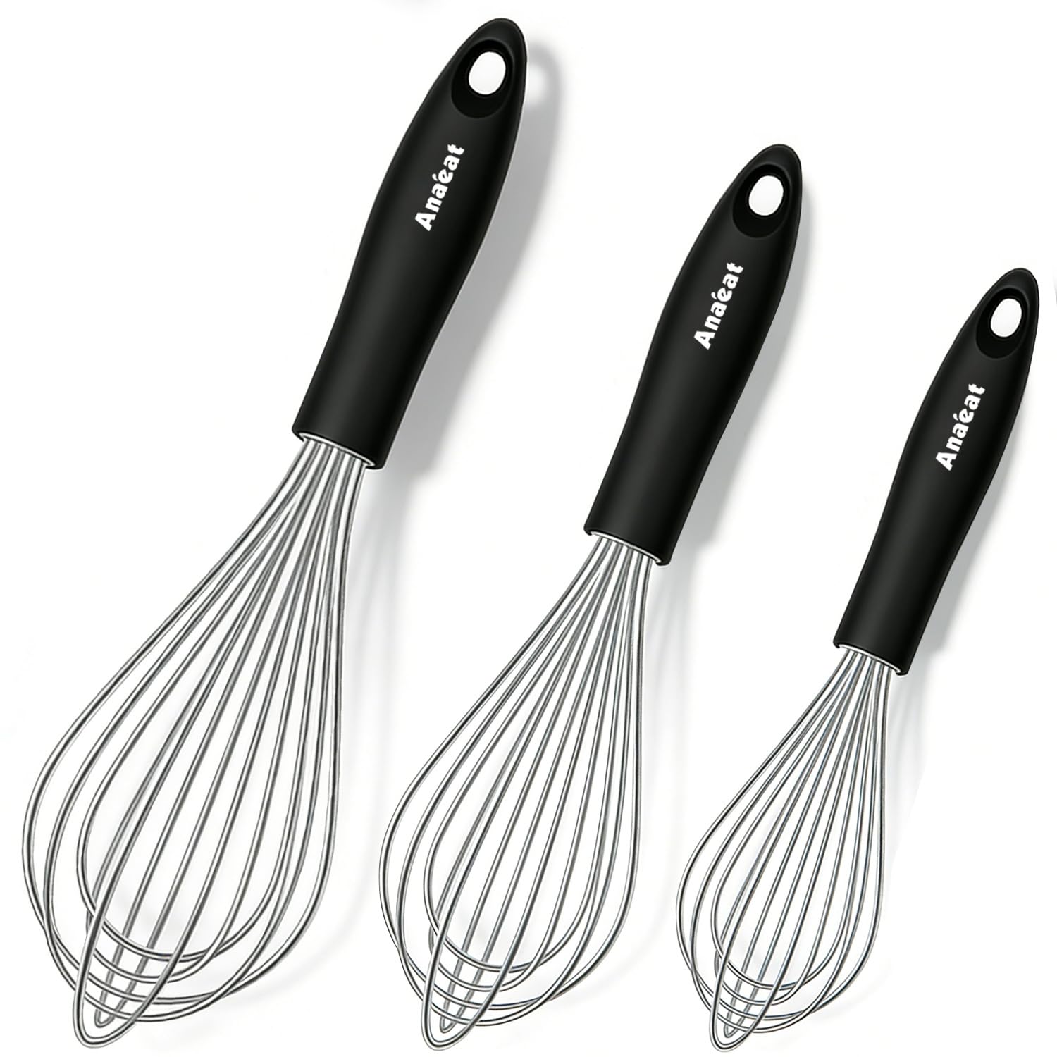 Anaeat 3 Packs Stainless Steel Whisk Set - Balloon Whisk, Thick Stainless Steel Wire ＆ Strong Handles, Egg Beater for Cooking, Blending, Whisking, Beating and Stirring (9"+11"+12") — image 1