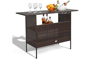 VINGLI Wicker Outdoor Bar Table with 2 Steel Shelves, Sets of Rails, Rattan Patio Storage for Backyard, Poolside, Garden