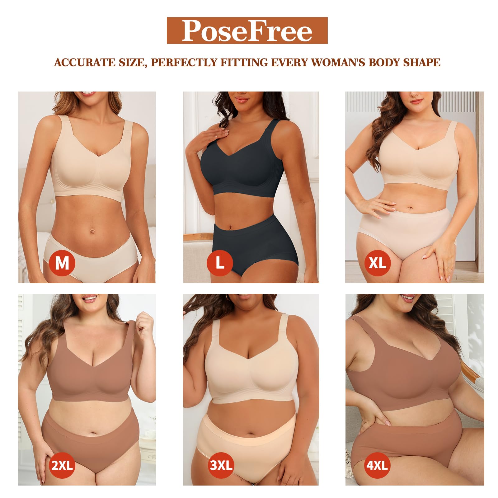 PoseFree Womens Seamless Wireless Supportive Bra Push Up Comfort Soft No Underwire Full Coverage T-Shirt Bra