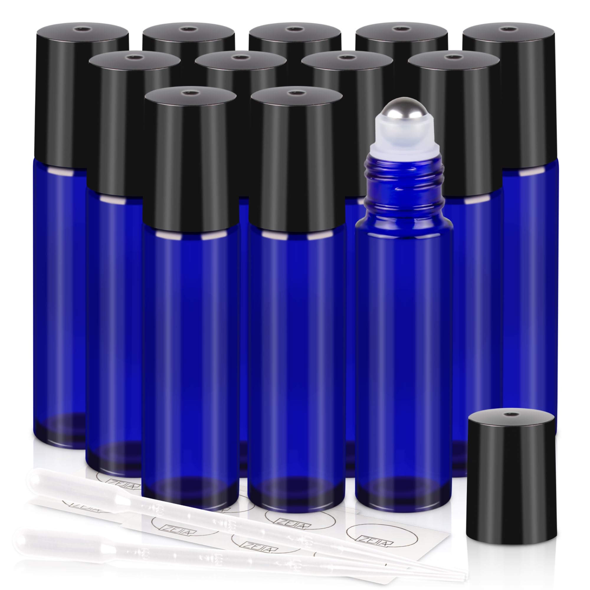 ZEJIA 10ml Roller Bottles 12Pack Cobalt Blue Thick Glass Essential Oil Roller Bottles Stainless Steel Roller Ball with 2 Droppers