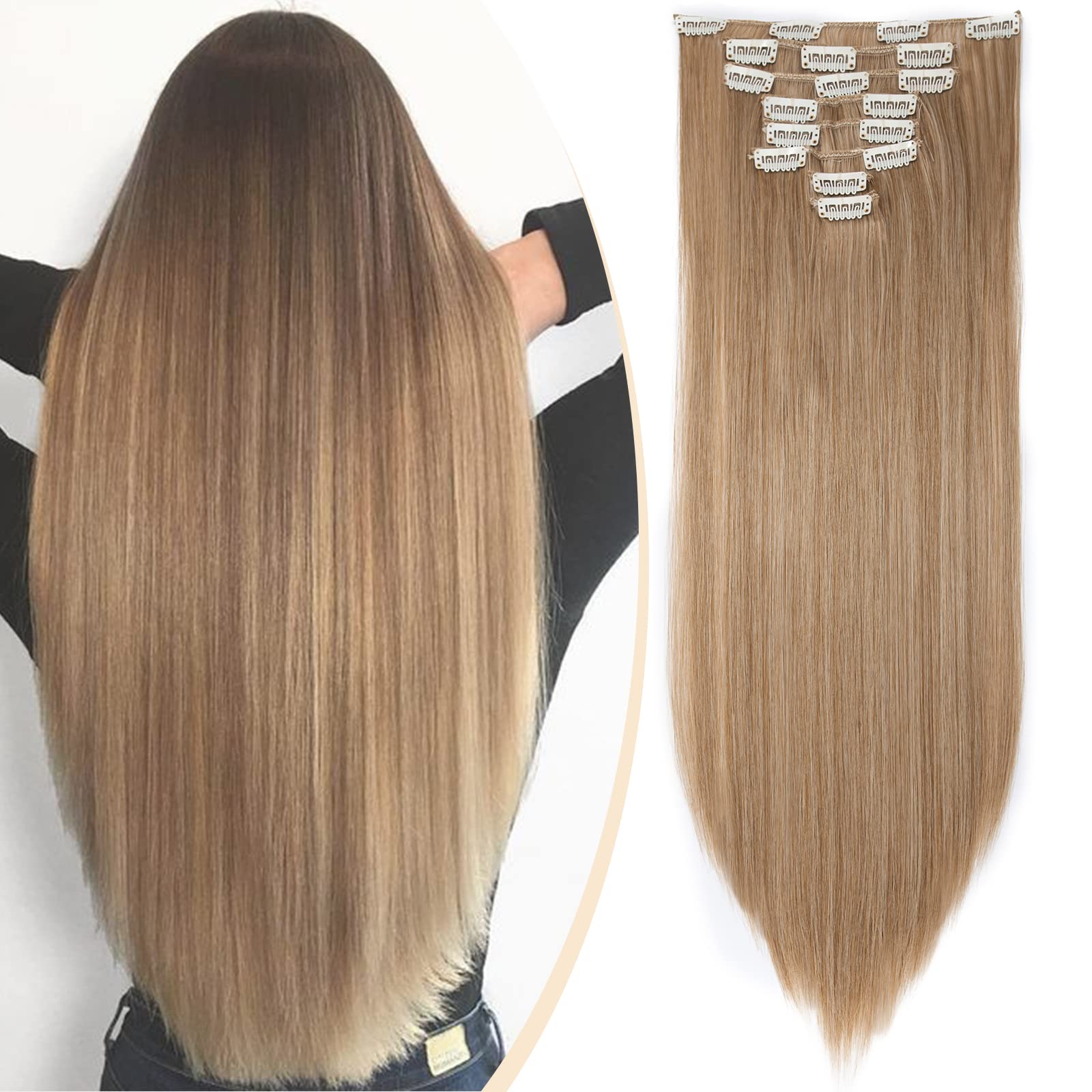 S-noilite 17-26 Inches(43-66cm) 8pcs Long Full Head Clip In Hair Extensions Extension Sexy Lady Fashion Choice 60 Colours (23 Inches-Straight, Light ash brown mix bleach blonde)