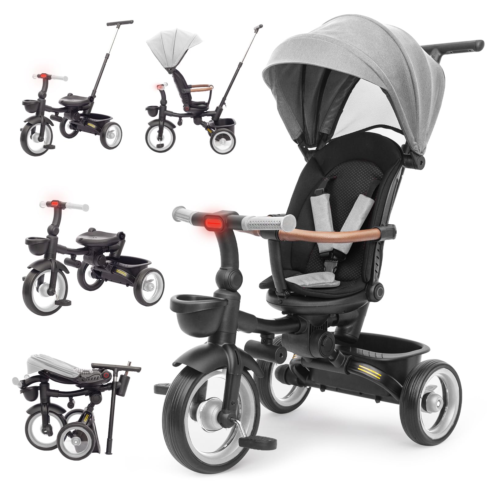 三輪車 7in1 三輪車 折りたたみ 手押し棒おしゃれ シートベルト付き 調整可能 コンパクト 乗用 バイクレゼント お祝い (グレー)