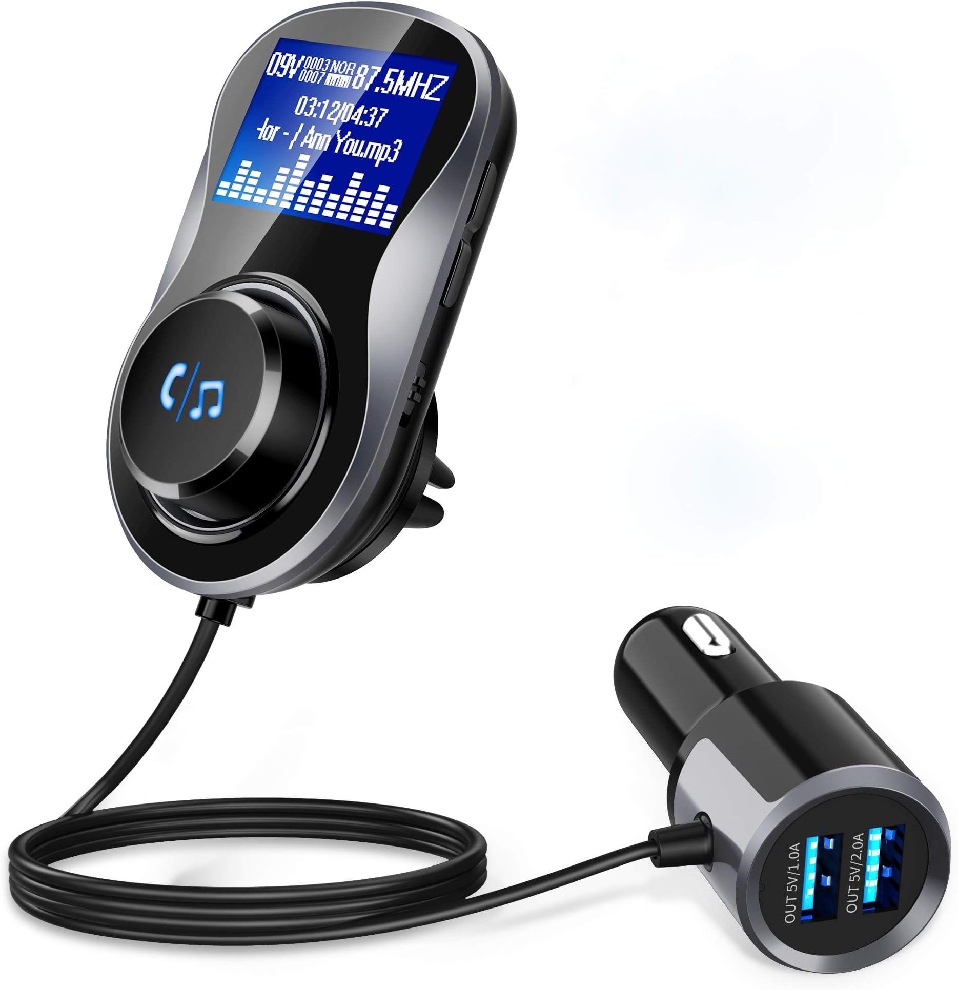 Bluetooth Car FM Transmitter,Bluetooth Car Adapter Transmitter Radio Adapter Car Kit Hands-Free Calling 1.44" Display with 2 USB Car Charge Port Built-in Mic Smart Mp3 Player TF Card Input/Output