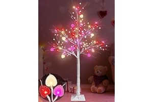 TURNMEON Valentines Day Decor, 4 FT Prelit Lighted Valentines Tree with 3D Hearts&Berries Ornaments 48 Led Red Pink Lights, Outdoor Waterproof Artificial Birches Tree for Valentines Day Decorations Indoor Home