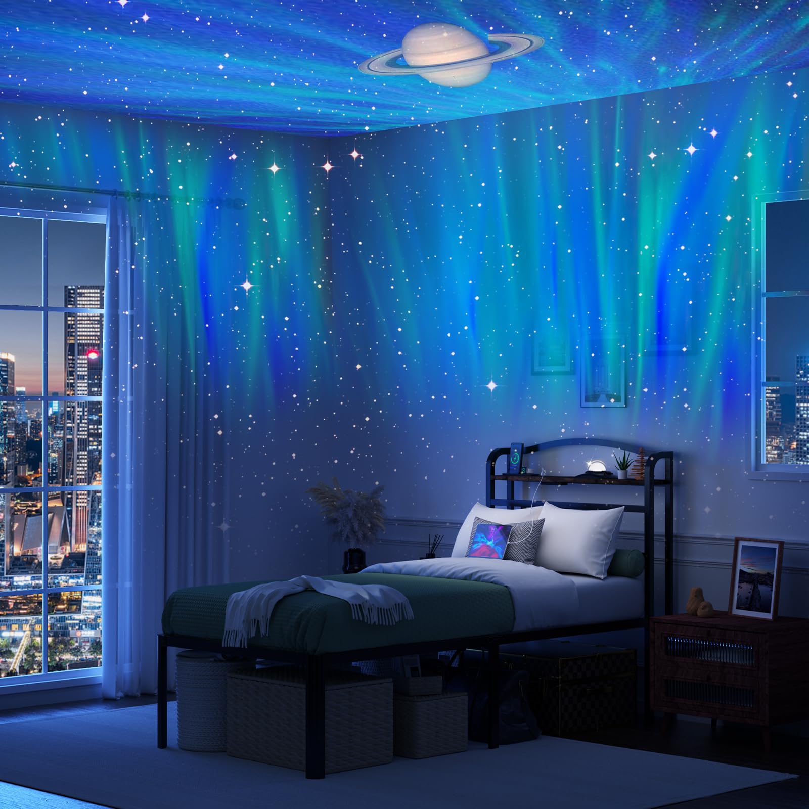 Photo 1 of RmagineX Bed Frame with Storage and Charging Station 18 Inch Tall Bed Frame and Headboard with Galaxy Aurora Star Projector Bird Songs Heavy Duty Bed Frame No Box Spring Needed (King (U.S. Standard))