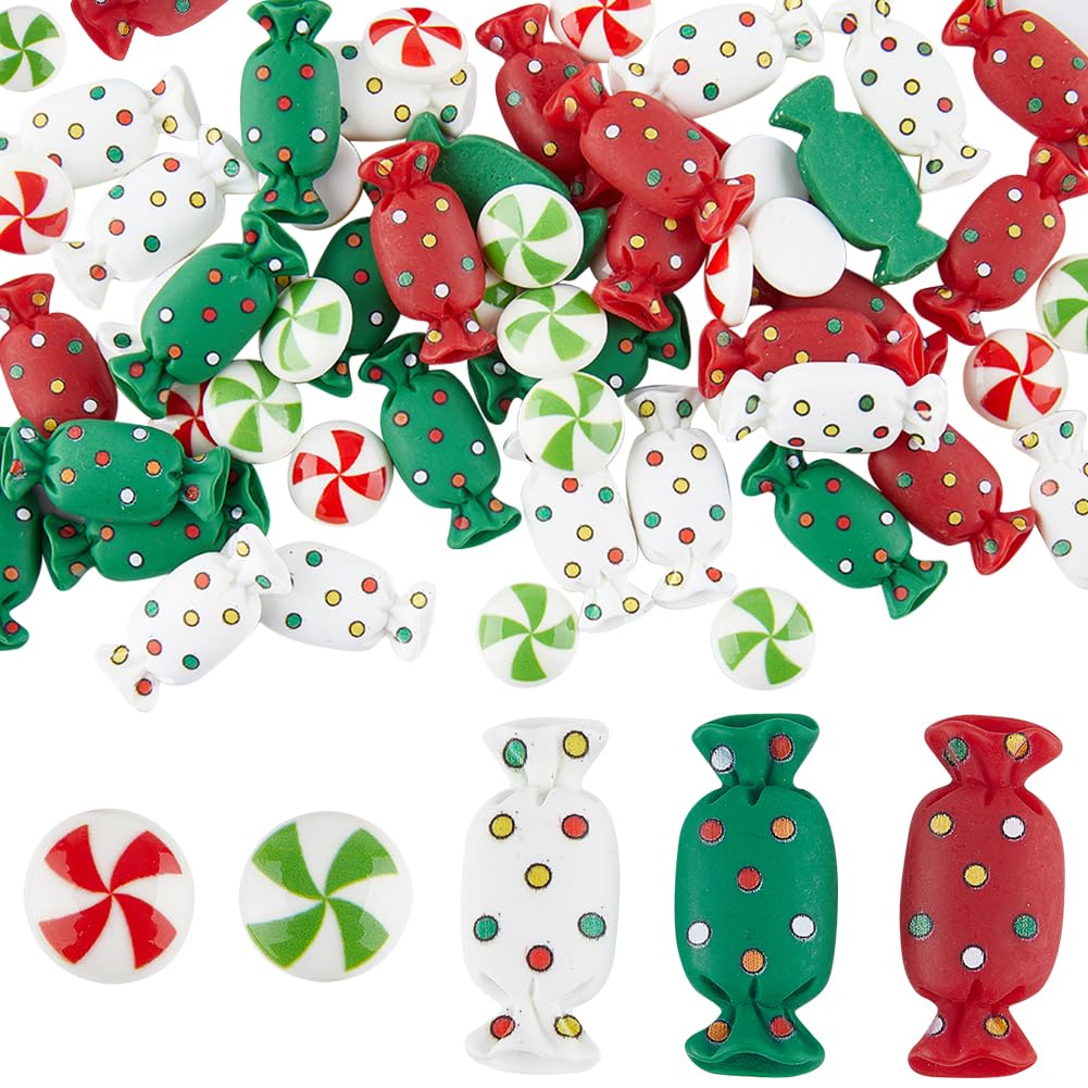 SUNNYCLUE 70Pcs Christmas Resin Charms Candy Cabochons Flatback Christmas Candy Beads No Hole Red Green White Sweets Flat Back Cabochon Bulk for Jewellery Making Supplies Scrapbooking Embellishments