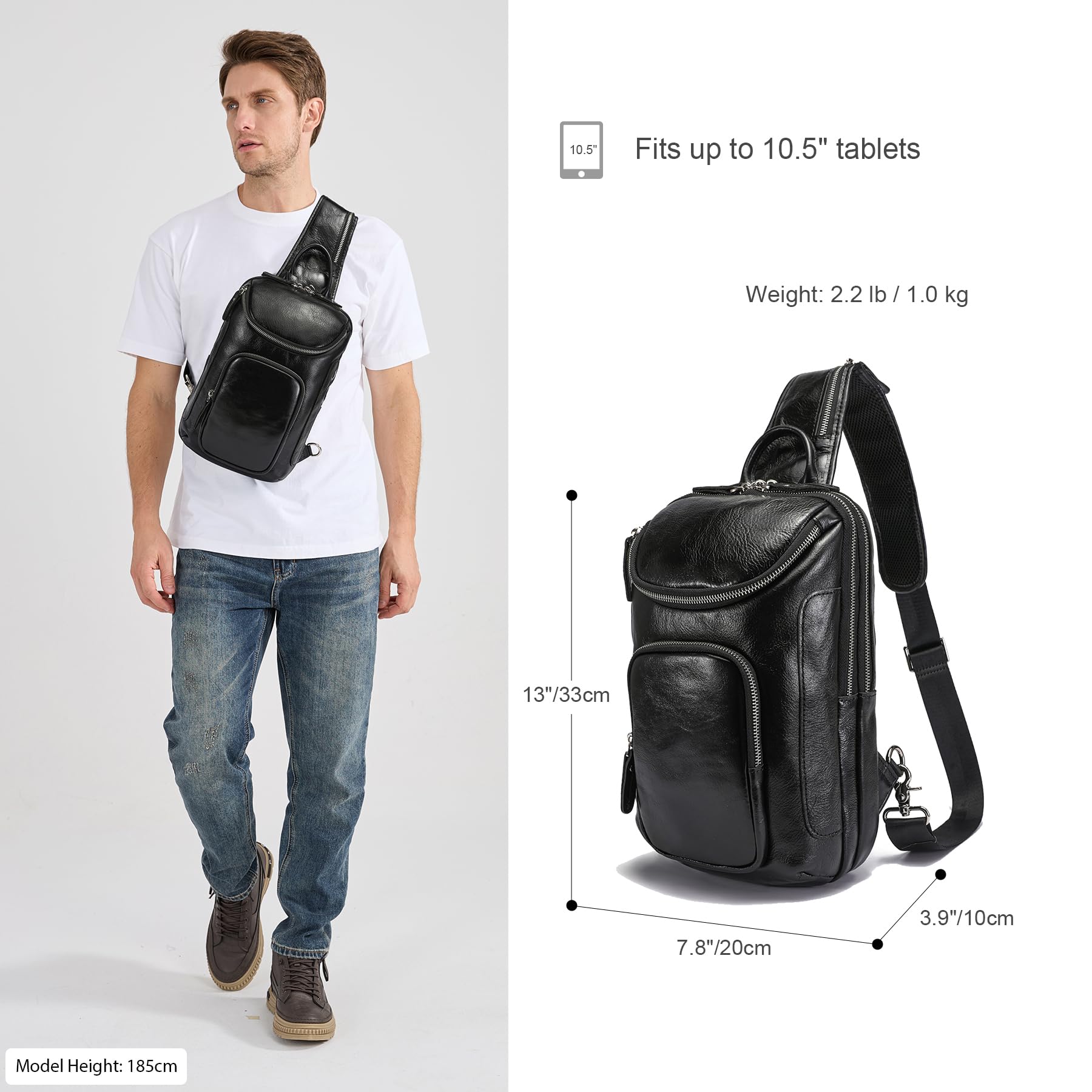 LANNSYNE Vintage Full Grain Leather Sling Bag Crossbody Chest Daypack