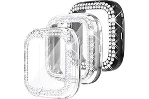 Fullife 3 Pack TPU Bumper for Fitbit Versa 2, Crystal Diamond Bling Cases HD Full Protective Case Cover Scratch Resistant Shock Absorbing for Versa 2 Smartwatch Accessories, Black/Silver/Clear