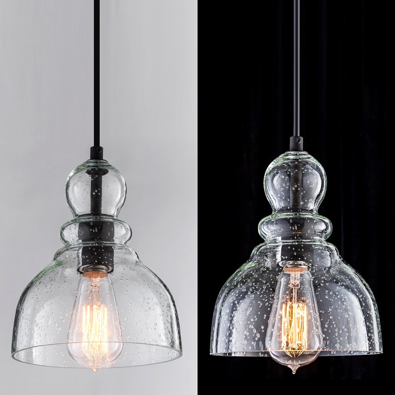 Lanros Industrial Mini Pendant Lights with Handblown Clear Seeded Glass Shade, Adjustable Bell Pendant Lighting for Kitchen Sink, Kitchen Island, Dining Room, Bars and Shops, 2-Pack