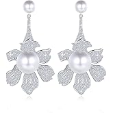 Frwiskp Wedding Earrings for Brides, Silver Earrings for Women, 18K White Gold Plated Sterling Silver Post Cubic Zirconia Dangle Earrings, Clear Crystal Hypoallergenic Chandelier/Tassel Earrings