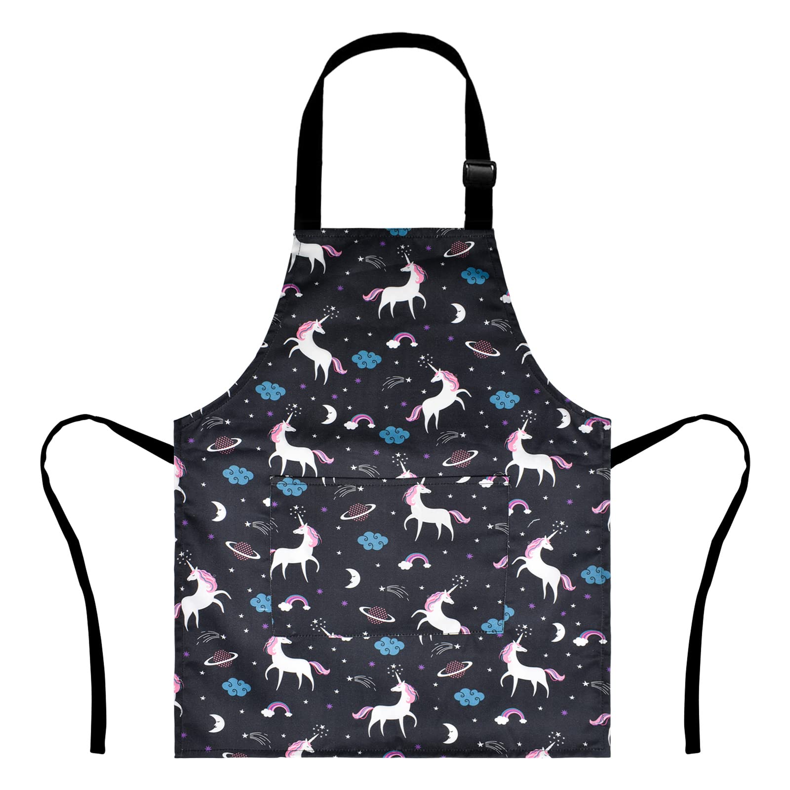 XonyiCos Kids Boys Dinosaur Apron with Pockets, Girls Aprons for Cooking, Painting, Kitchen Chef Apron for Children 3-12 Years (Black & Unicorn, Large (6-12 Years))