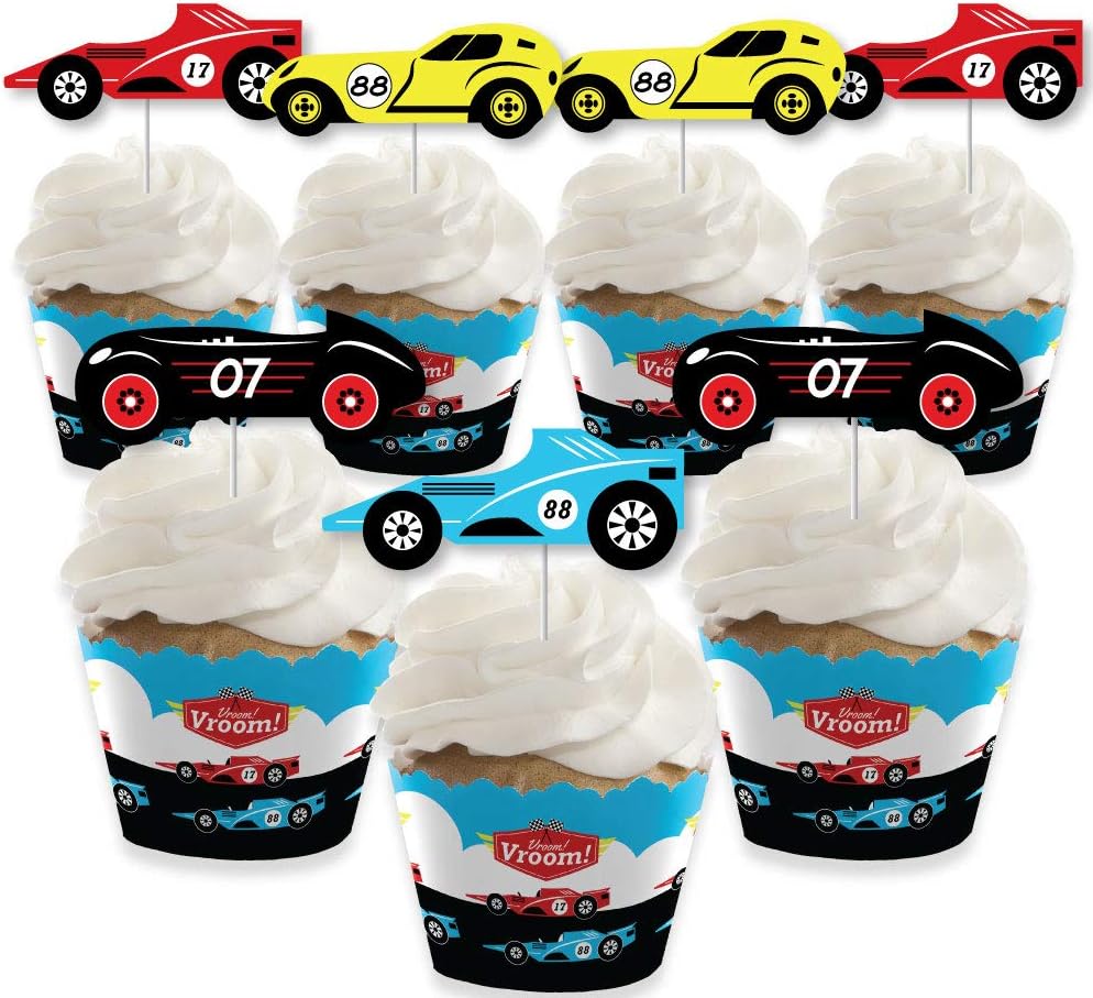 Big Dot of Happiness Let’s Go Racing - Racecar - Cupcake Decoration - Race Car Birthday Party or Baby Shower Cupcake Wrappers and Treat Picks Kit - Set of 24