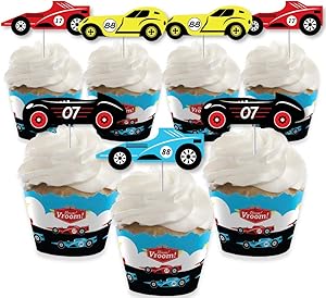 Big Dot of Happiness Let’s Go Racing - Racecar - Cupcake Decoration - Race Car Birthday Party or Baby Shower Cupcake Wrappers and Treat Picks Kit - Set of 24