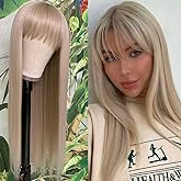 QD-Tizer Ash Blonde Synthetic Wigs with Bangs Long Straight Hair Wigs Glueless Synthetic None Lace Wigs Blonde Hair Heat-Resistant Fiber Wigs for Black Women