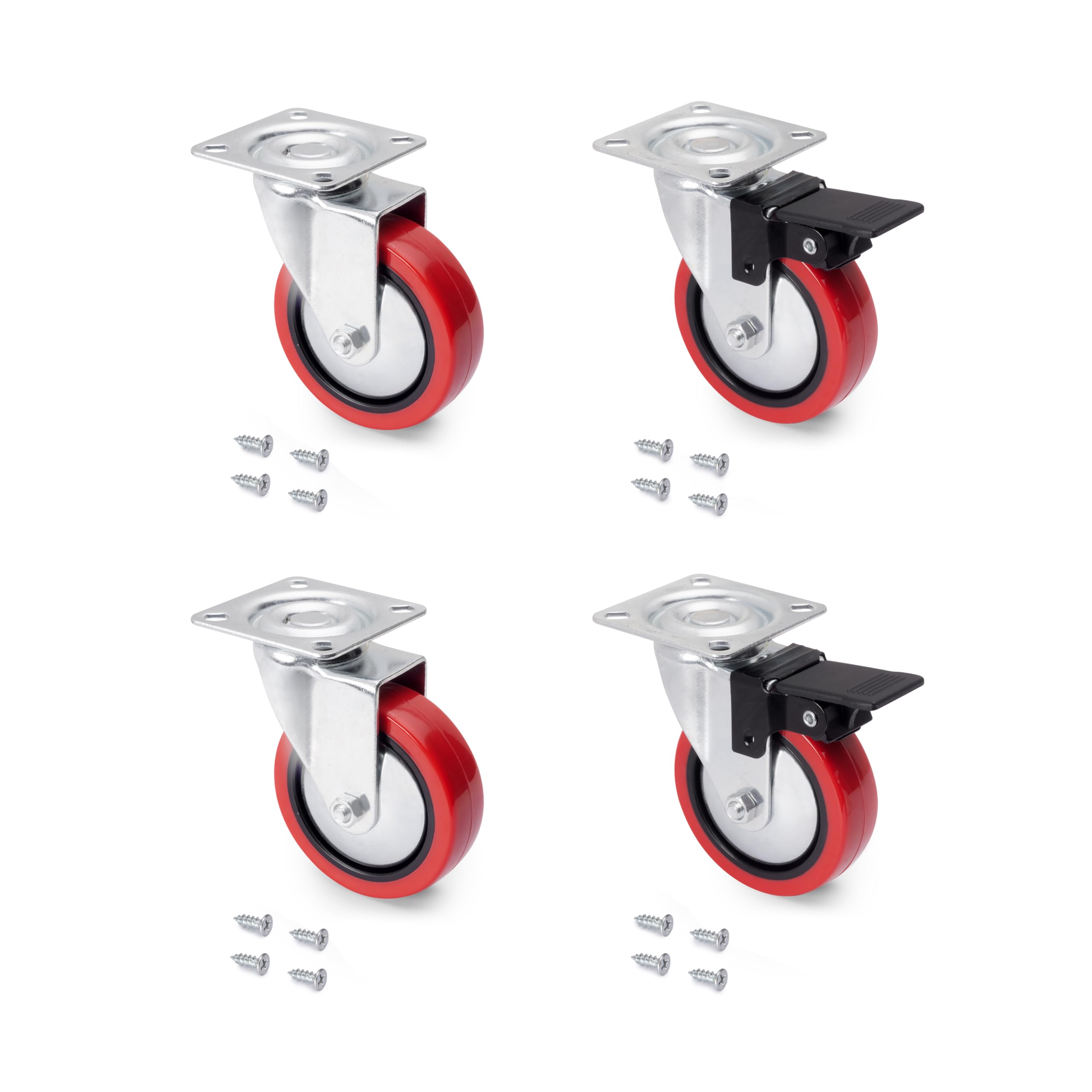 Emuca - Red castors kit with Plate-Mounted, Ø75mm (2,95 inch), 2 with Brake and 2 Without Brake, Steel and Plastic