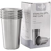 Tosnail 6 Pack 16 oz Stainless Steel Pint Cups Metal Cups Unbreakable Drinking Glasses Water Tumblers for Kids, Adults Indoor and Outdoor Use - Silver